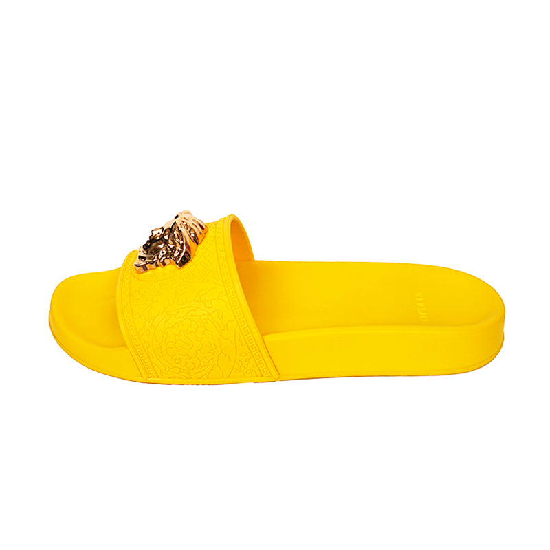 37 & 38 NEW $450 VERSACE Woman's Yellow Pool Slides GOLD MEDUSA Logo Palazzo SANDALS
