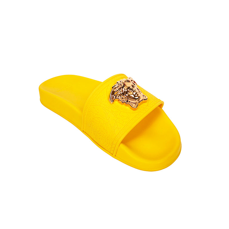 37 & 38 NEW $450 VERSACE Woman's Yellow Pool Slides GOLD MEDUSA Logo Palazzo SANDALS