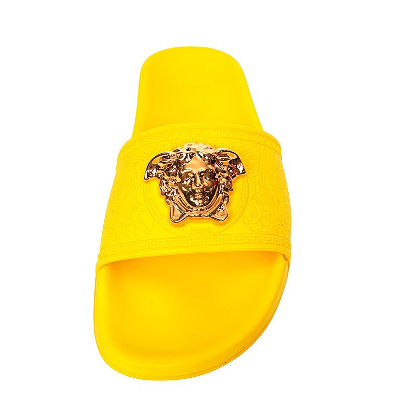 37 & 38 NEW $450 VERSACE Woman's Yellow Pool Slides GOLD MEDUSA Logo Palazzo SANDALS