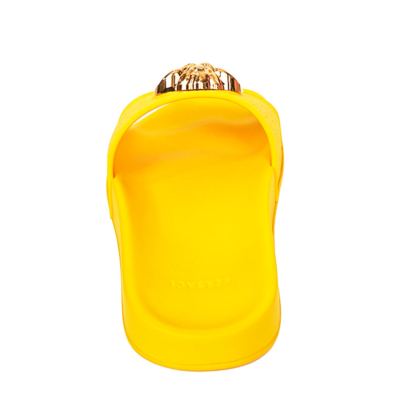 37 & 38 NEW $450 VERSACE Woman's Yellow Pool Slides GOLD MEDUSA Logo Palazzo SANDALS