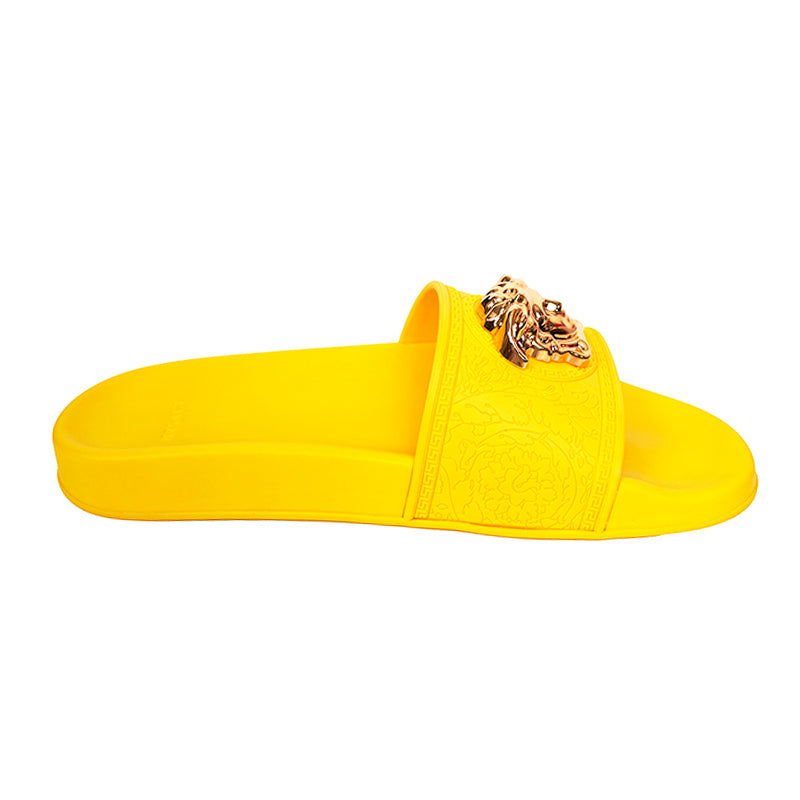 37 & 38 NEW $450 VERSACE Woman's Yellow Pool Slides GOLD MEDUSA Logo Palazzo SANDALS