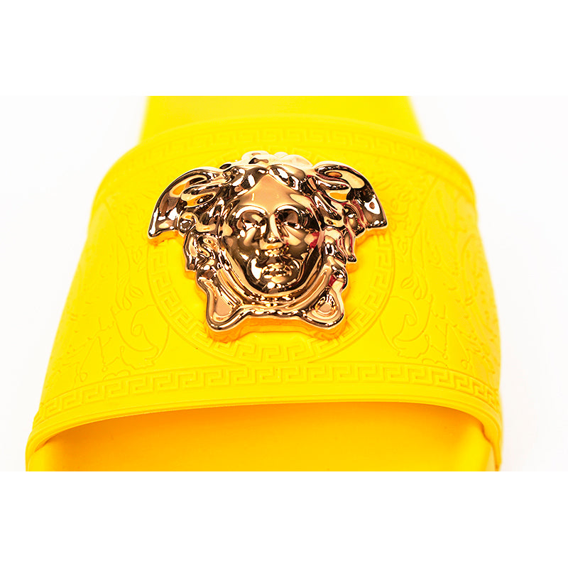 37 & 38 NEW $450 VERSACE Woman's Yellow Pool Slides GOLD MEDUSA Logo Palazzo SANDALS