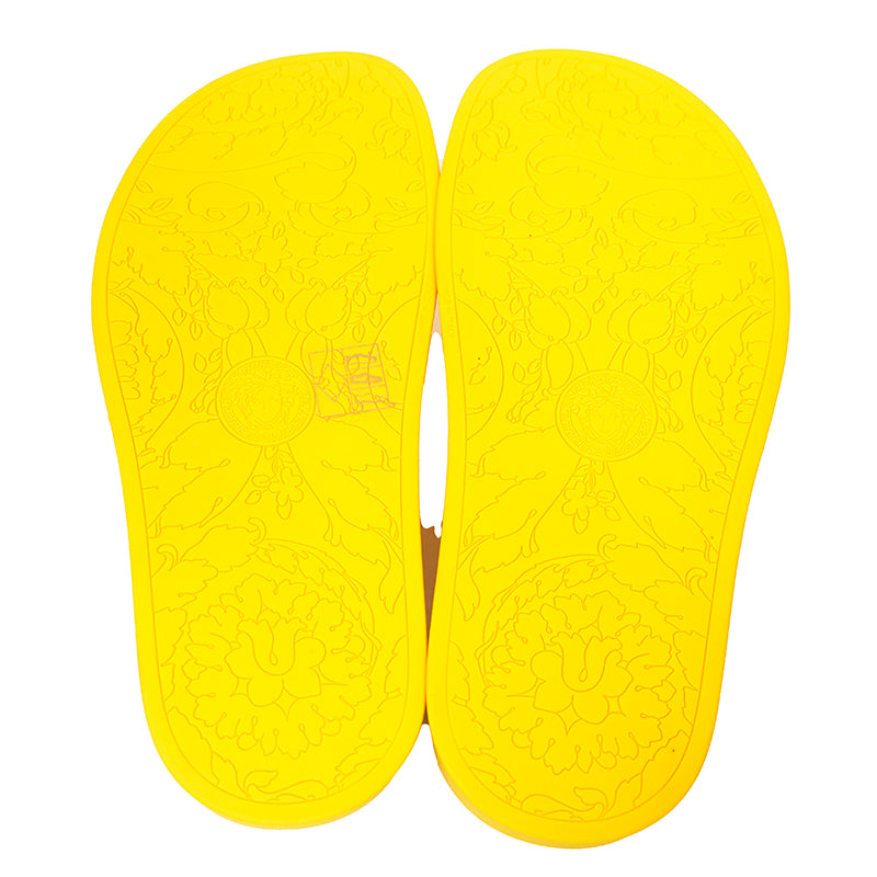 37 & 38 NEW $450 VERSACE Woman's Yellow Pool Slides GOLD MEDUSA Logo Palazzo SANDALS