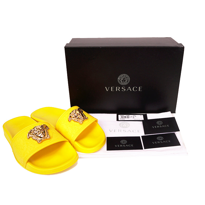 37 & 38 NEW $450 VERSACE Woman's Yellow Pool Slides GOLD MEDUSA Logo Palazzo SANDALS