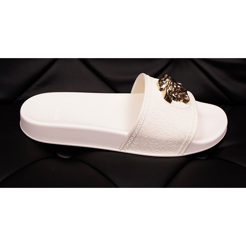 sz 39 NEW $450 VERSACE Woman White Pool Slides GOLD MEDUSA Logo Palazzo SANDALS NIB