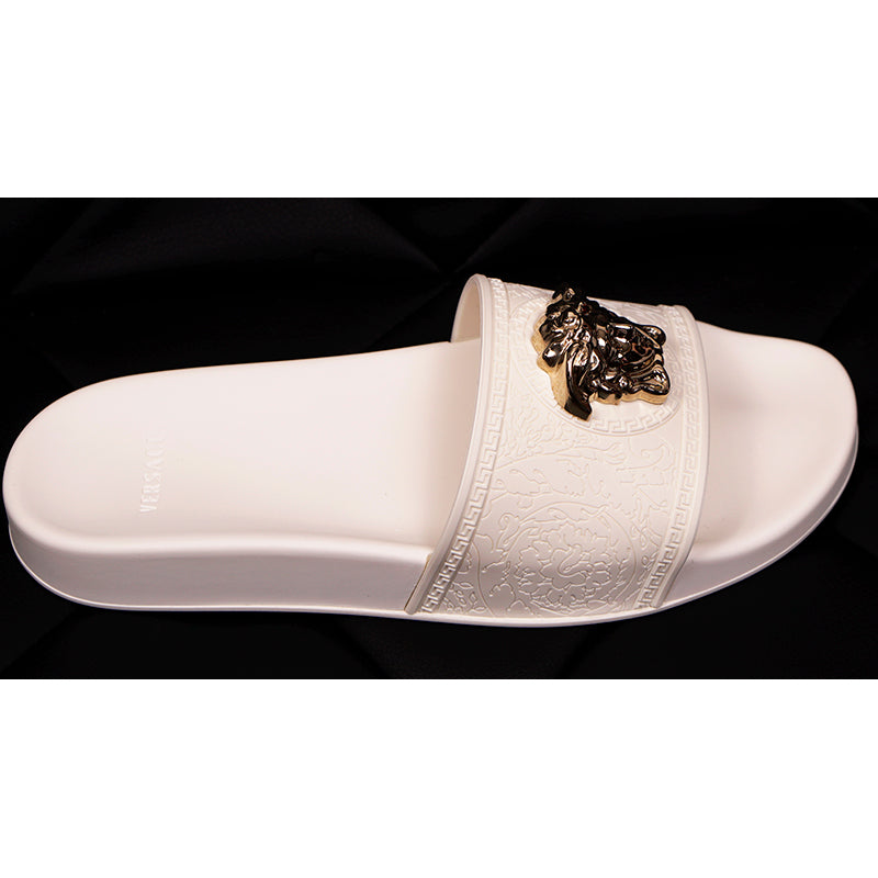 sz 39 NEW $450 VERSACE Woman White Pool Slides GOLD MEDUSA Logo Palazzo SANDALS NIB