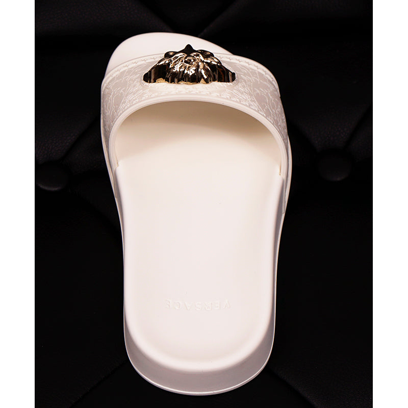 sz 39 NEW $450 VERSACE Woman White Pool Slides GOLD MEDUSA Logo Palazzo SANDALS NIB