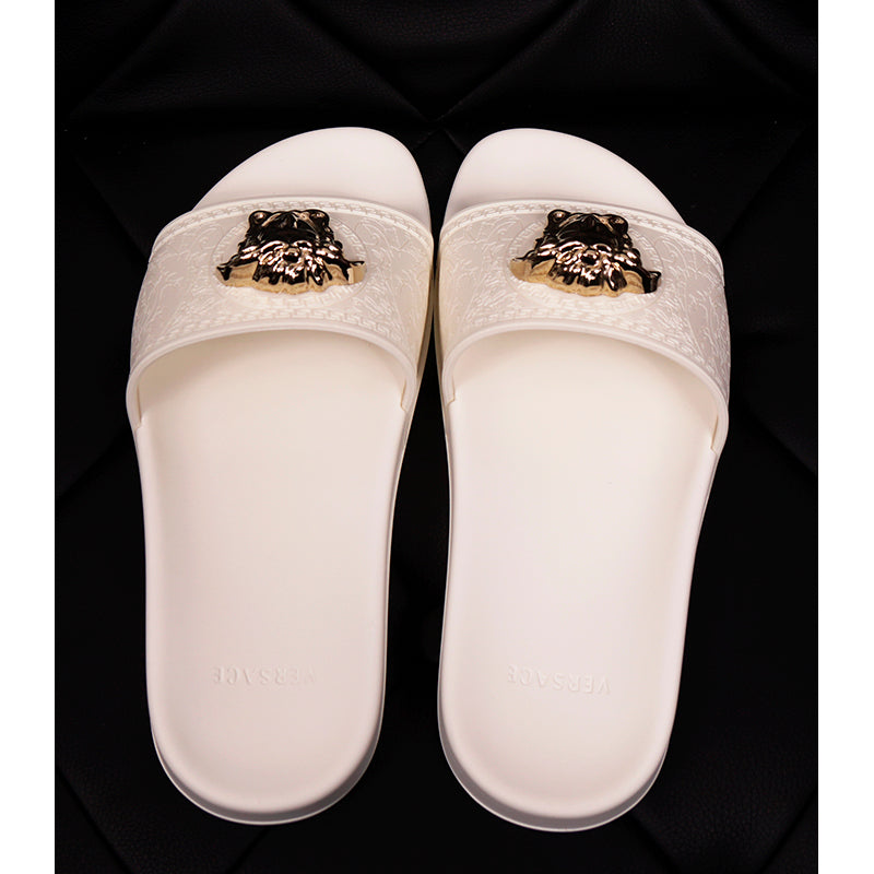 sz 39 NEW $450 VERSACE Woman White Pool Slides GOLD MEDUSA Logo Palazzo SANDALS NIB
