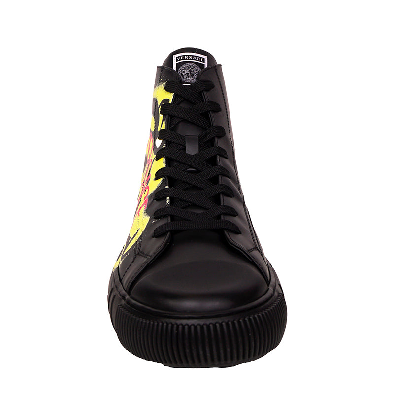 47.5 US 14.5 NEW $850 VERSACE Men Black Leather SMILEY MEDUSA LOGO High-top SNEAKERS