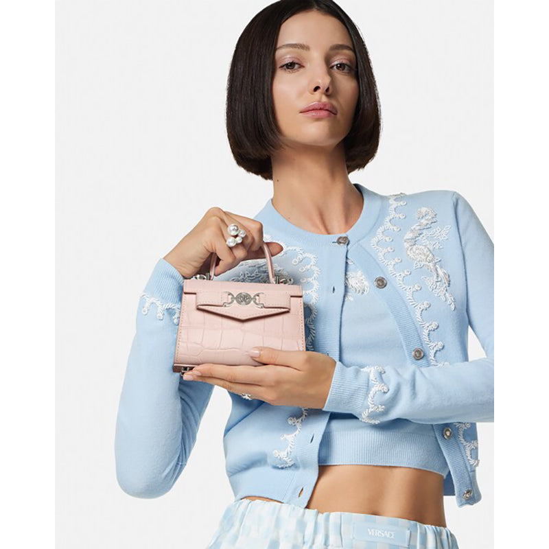 NEW $1550 VERSACE Pink Croc Embossed Leather MEDUSA 95 Mini TOP HANDLE BAG STRAP