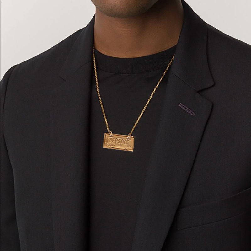 NEW $450 VERSACE Gold Tone Brass LICENSE PLATE LOGO CHARM Link Chain NECKLACE