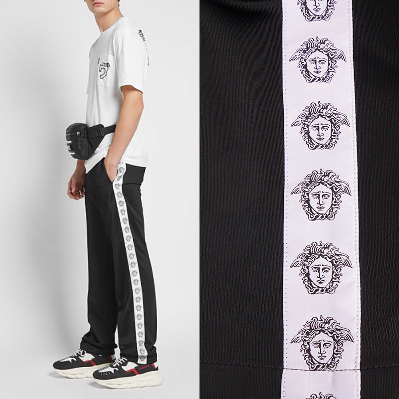 L & XL NEW $895 VERSACE Men's Black MEDUSA HEAD LOGO SIDE STRIPE Track Sporty PANTS