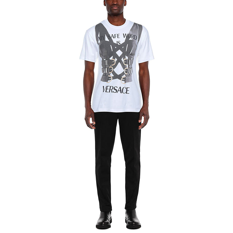 S NEW $650 VERSACE RUNWAY Men's SAFE WORD Corset BONDAGE PRINT T-SHIRT TEE TOP