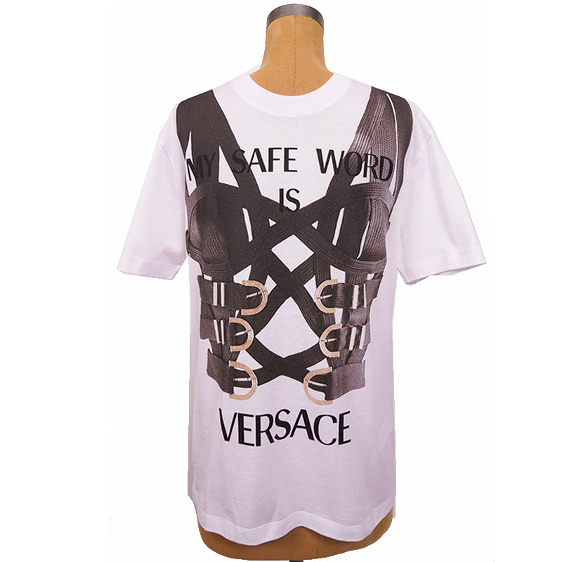 S NEW $650 VERSACE RUNWAY Men's SAFE WORD Corset BONDAGE PRINT T-SHIRT TEE TOP