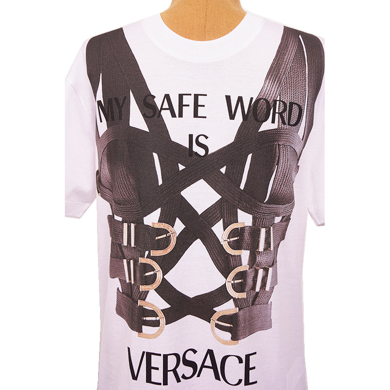 S NEW $650 VERSACE RUNWAY Men's SAFE WORD Corset BONDAGE PRINT T-SHIRT TEE TOP