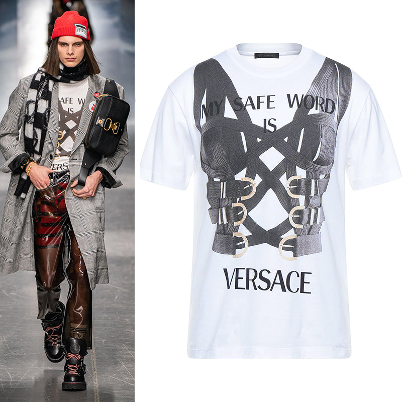 S NEW $650 VERSACE RUNWAY Men's SAFE WORD Corset BONDAGE PRINT T-SHIRT TEE TOP