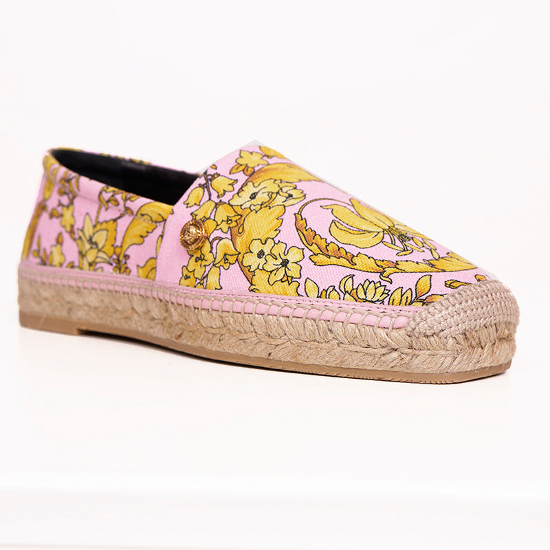 37 & 38 NEW $550 VERSACE Pink Yellow BAROCCO FLORAL LOGO Espadrille SUMMER FLATS NIB