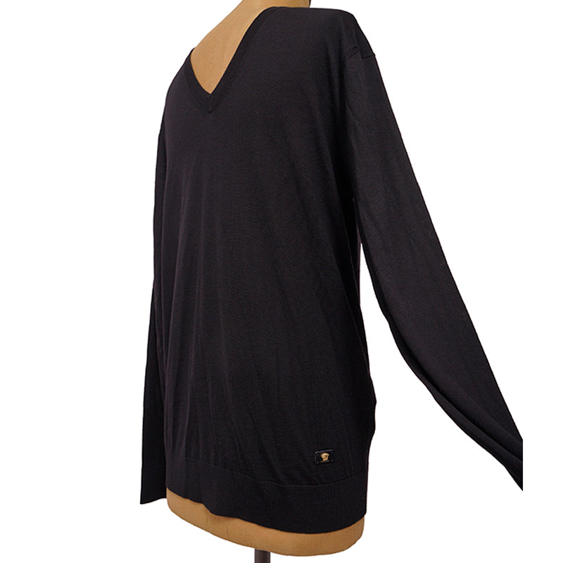 48 M NEW $925 VERSACE Men's Black 100% WOOL Thin Knit V Neck MEDUSA LOGO SWEATER