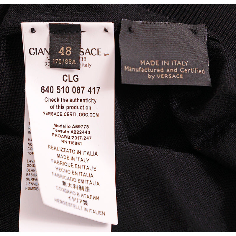 48 M NEW $925 VERSACE Men's Black 100% WOOL Thin Knit V Neck MEDUSA LOGO SWEATER