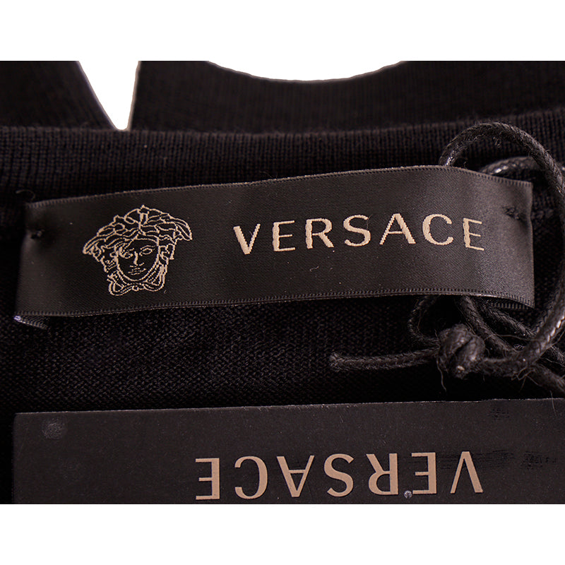 48 M NEW $925 VERSACE Men's Black 100% WOOL Thin Knit V Neck MEDUSA LOGO SWEATER
