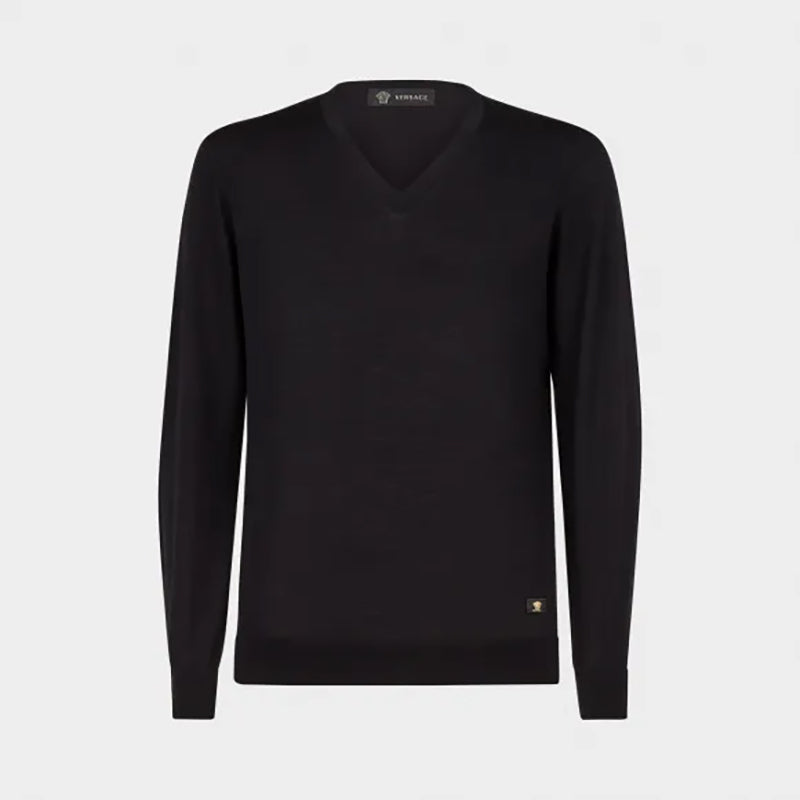48 M NEW $925 VERSACE Men's Black 100% WOOL Thin Knit V Neck MEDUSA LOGO SWEATER