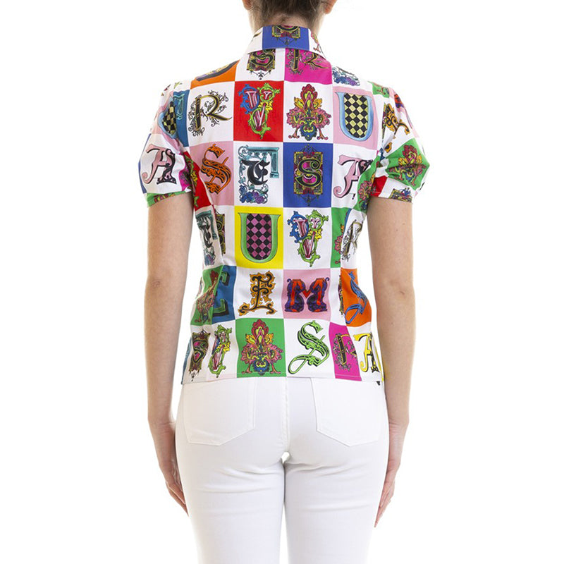 42 NEW $850 VERSACE White Cotton Vivid GOTHIC BAROQUE ALPHABET PRINT Blouse TOP
