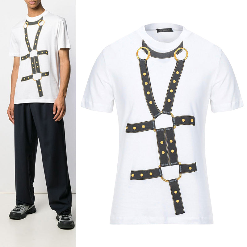 sz S NEW $650 VERSACE Men's HARNESS BONDAGE PRINT Medusa Logo Crew Neck T-SHIRT