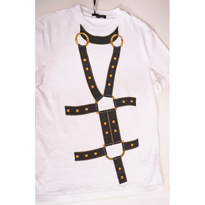 sz S NEW $650 VERSACE Men's HARNESS BONDAGE PRINT Medusa Logo Crew Neck T-SHIRT