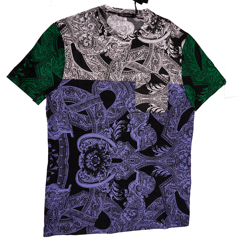 sz XS NEW $600 VERSACE Mens Black Blue White BAROQUE PRINT Crew Neck T-SHIRT TEE