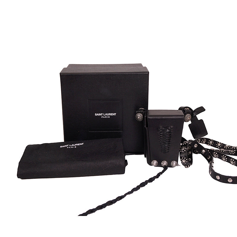 NEW $745 SAINT LAURENT Black Leather WESTERN SILVER STUDDED Mini Bag NECKLACE