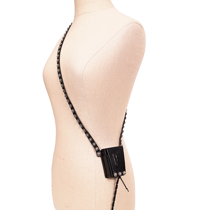 NEW $745 SAINT LAURENT Black Leather WESTERN SILVER STUDDED Mini Bag NECKLACE