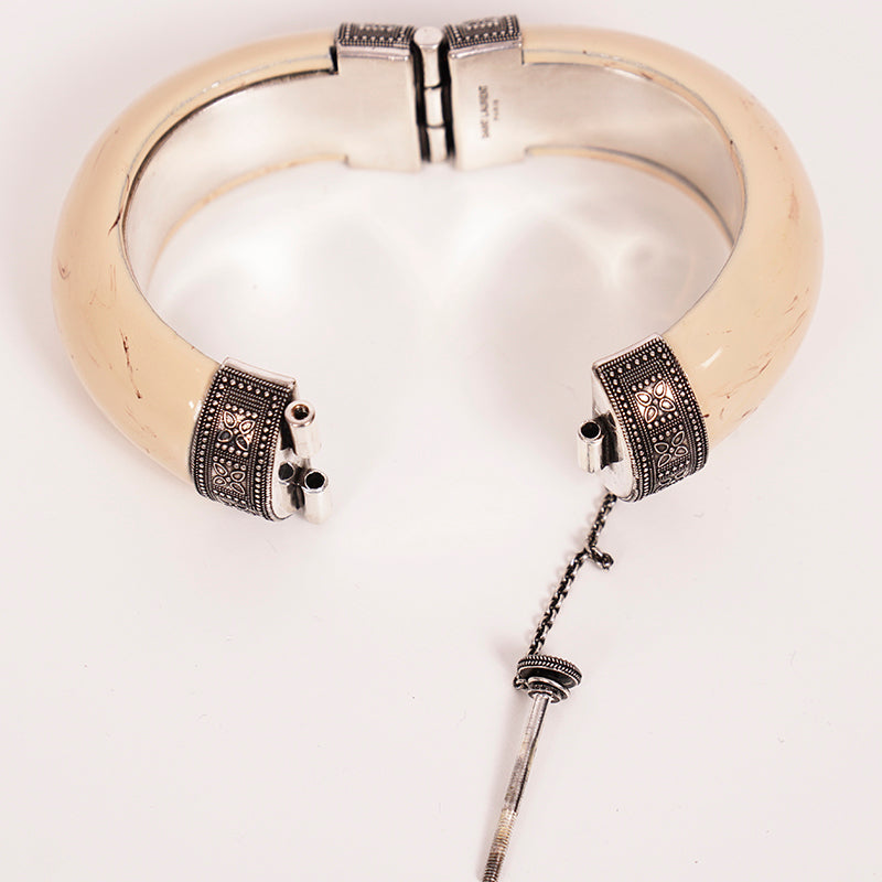 NEW $595 SAINT LAURENT Ivory Resin Vintage Style BOHO Hinged Pin Clasp BRACELET