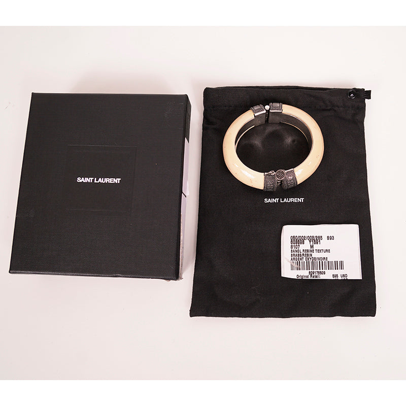 NEW $595 SAINT LAURENT Ivory Resin Vintage Style BOHO Hinged Pin Clasp BRACELET