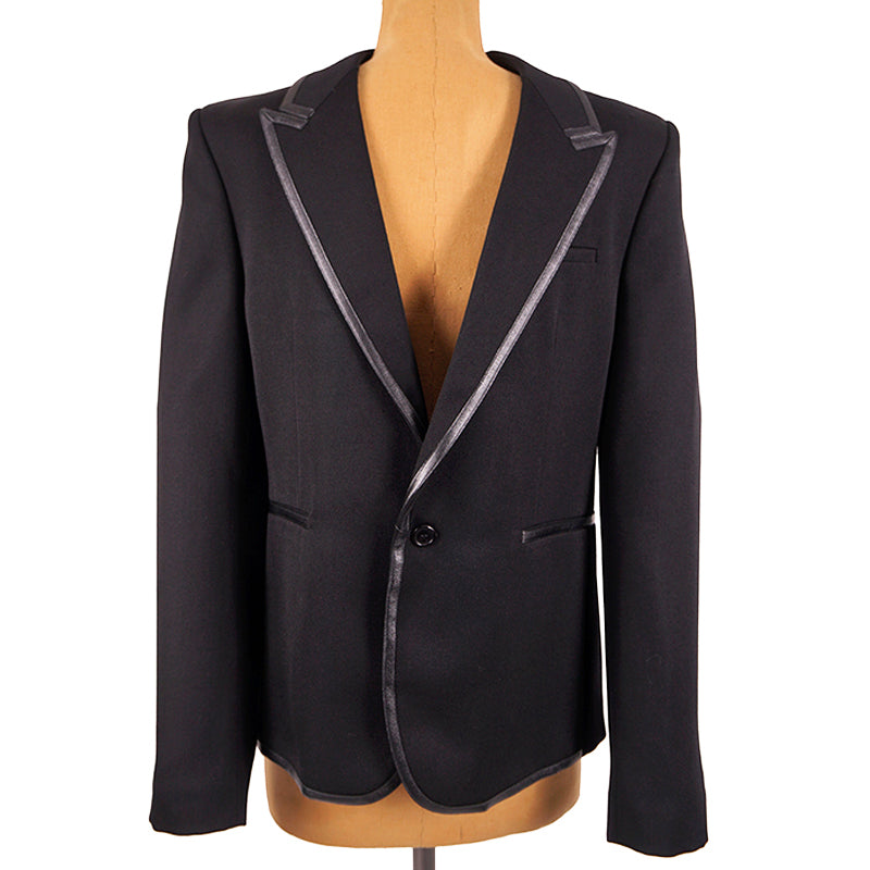 52 NEW $3,290 SAINT LAURENT Men's Black Wool LEATHER TRIM Fitted BLAZER JACKET