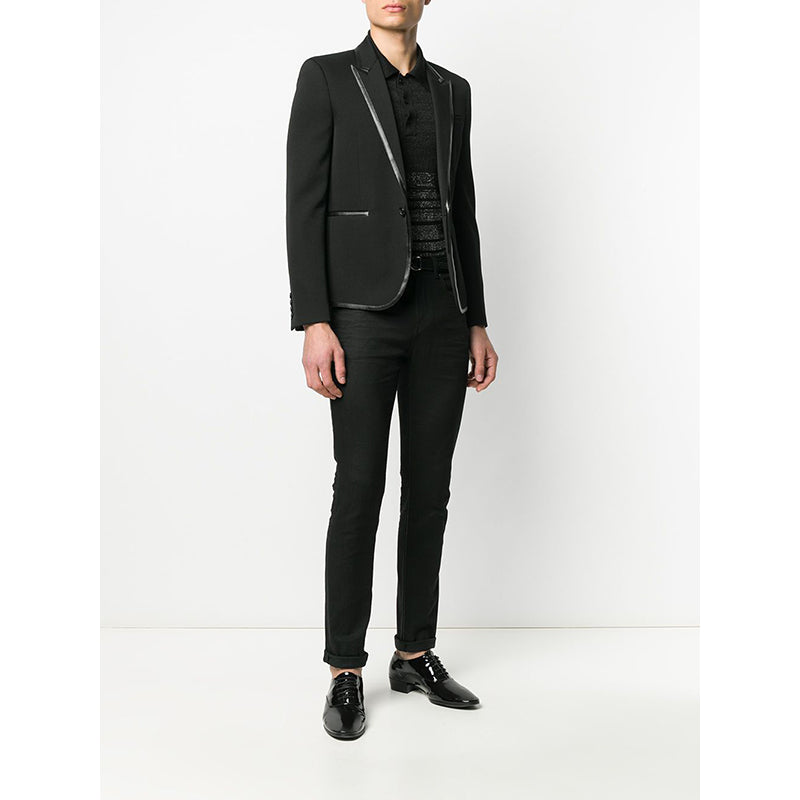 52 NEW $3,290 SAINT LAURENT Men's Black Wool LEATHER TRIM Fitted BLAZER JACKET