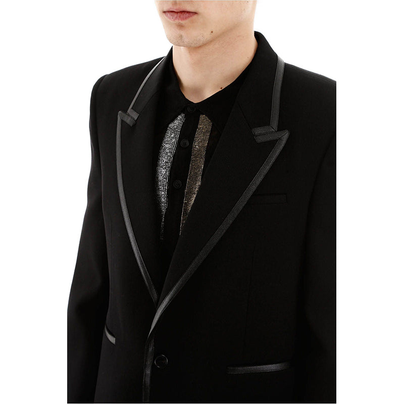 52 NEW $3,290 SAINT LAURENT Men's Black Wool LEATHER TRIM Fitted BLAZER JACKET