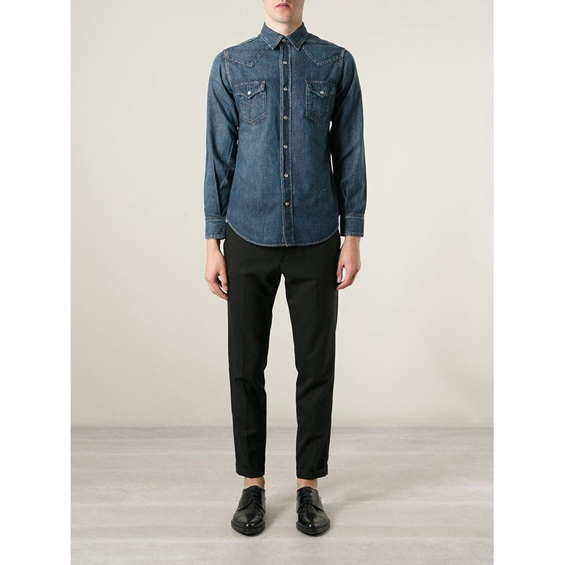 S NEW $750 SAINT LAURENT Vintage Blue JAPAN DENIM Classic WESTERN Style SHIRT