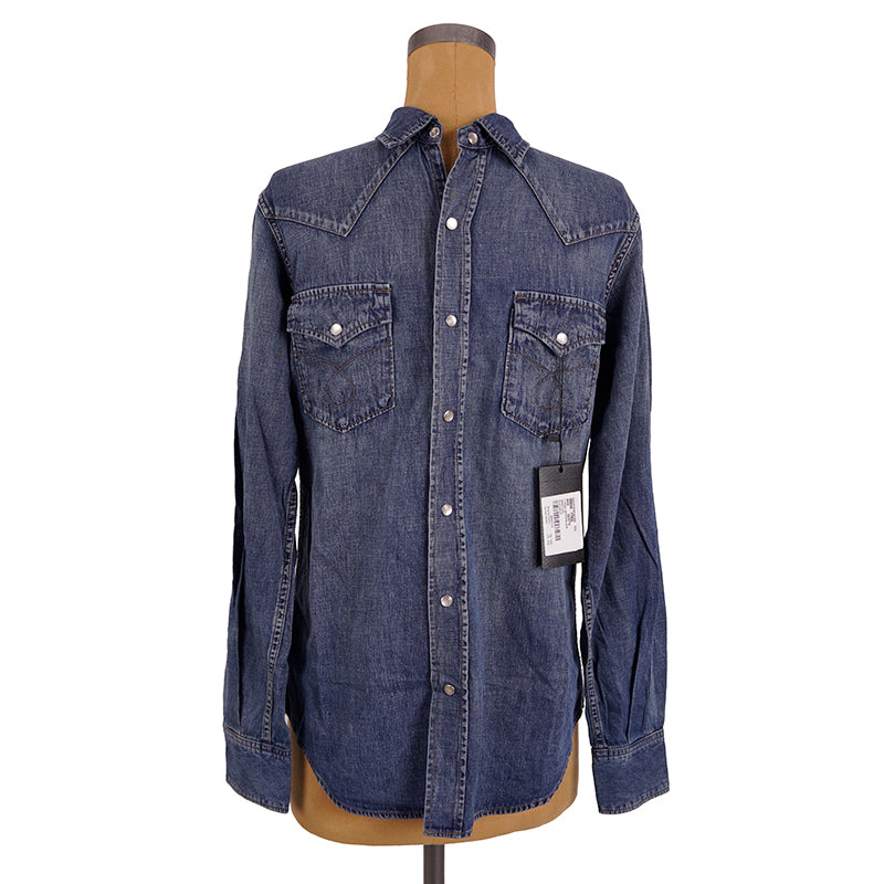 S NEW $750 SAINT LAURENT Vintage Blue JAPAN DENIM Classic WESTERN Style SHIRT