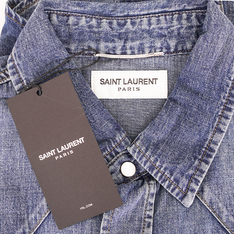 S NEW $750 SAINT LAURENT Vintage Blue JAPAN DENIM Classic WESTERN Style SHIRT