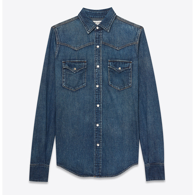 S NEW $750 SAINT LAURENT Vintage Blue JAPAN DENIM Classic WESTERN Style SHIRT