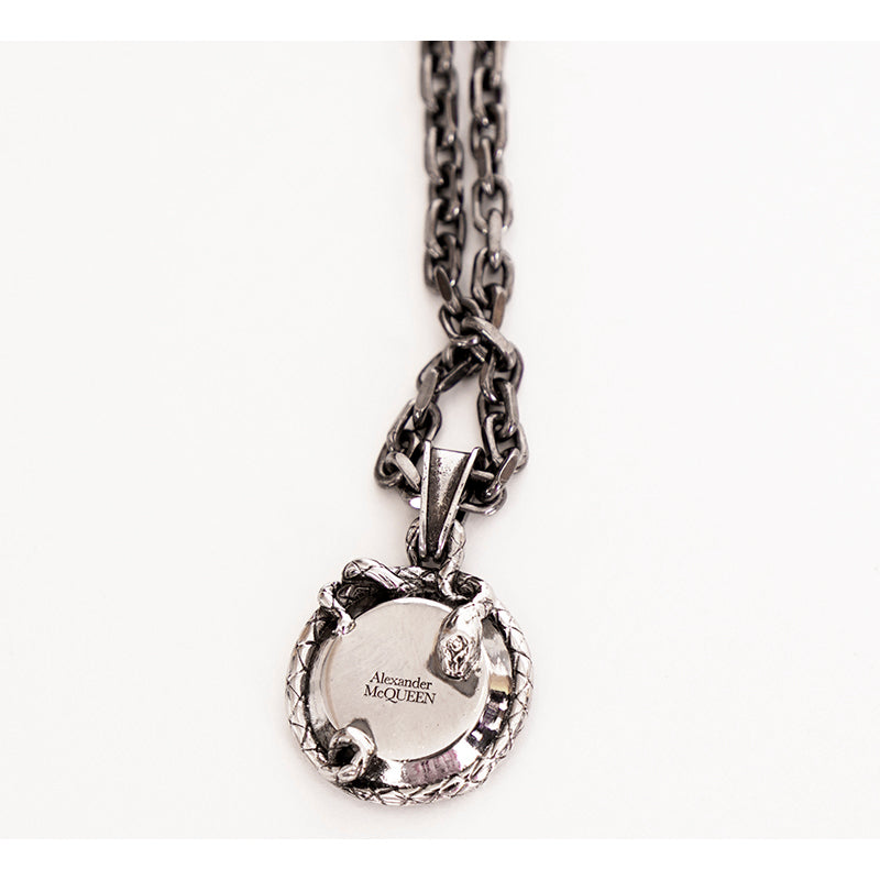 NEW $490 ALEXANDER MCQUEEN Silver Tone Brass SKULL SNAKE COIN CHARM NECKLACE NWT