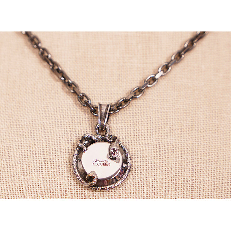 NEW $490 ALEXANDER MCQUEEN Silver Tone Brass SKULL SNAKE COIN CHARM NECKLACE NWT