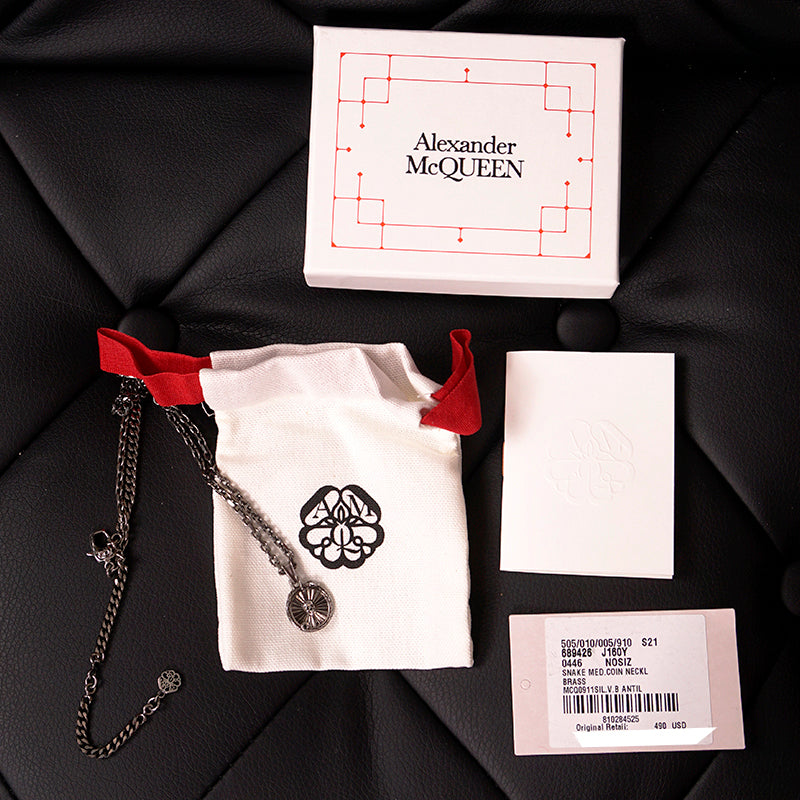 NEW $490 ALEXANDER MCQUEEN Silver Tone Brass SKULL SNAKE COIN CHARM NECKLACE NWT