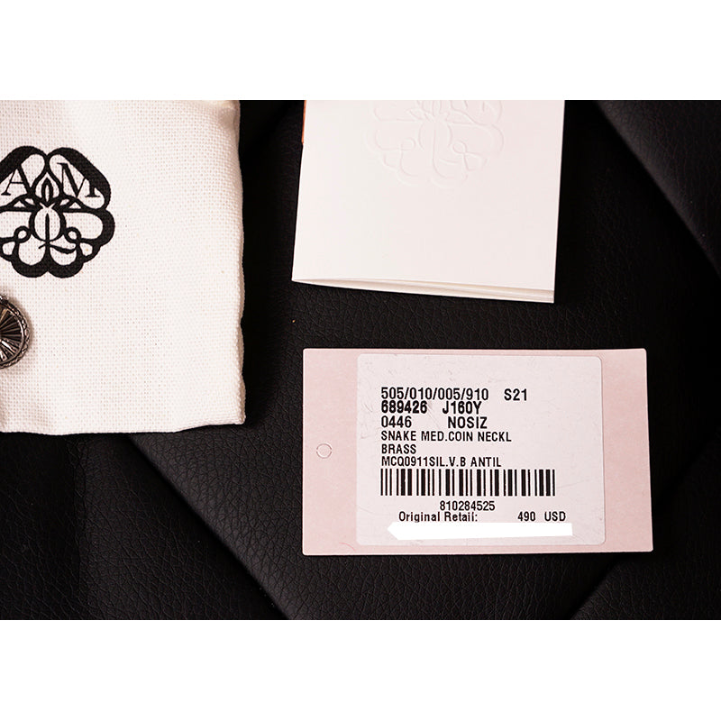 NEW $490 ALEXANDER MCQUEEN Silver Tone Brass SKULL SNAKE COIN CHARM NECKLACE NWT