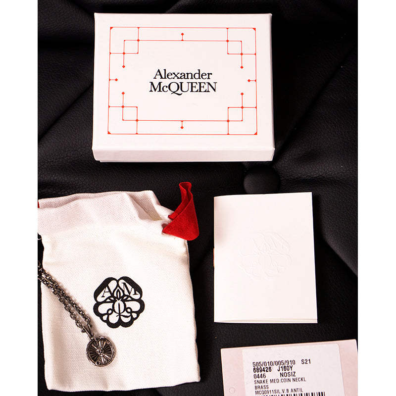 NEW $490 ALEXANDER MCQUEEN Silver Tone Brass SKULL SNAKE COIN CHARM NECKLACE NWT