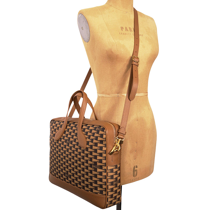 NEW $1,190 BALLY Camel Coated Canvas & Leather PENNANT Monogram Briefcase BAG