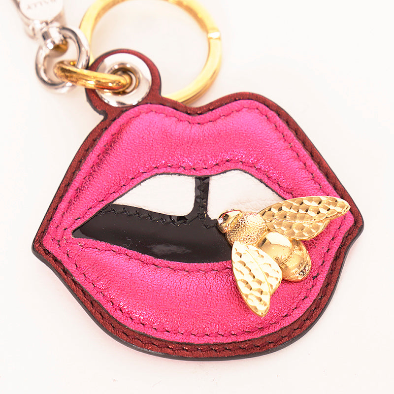 NEW $395 BALLY Pink Leather LIPS GOLD METAL BEE LOGO Bag Fob KEYRING Made ITALY