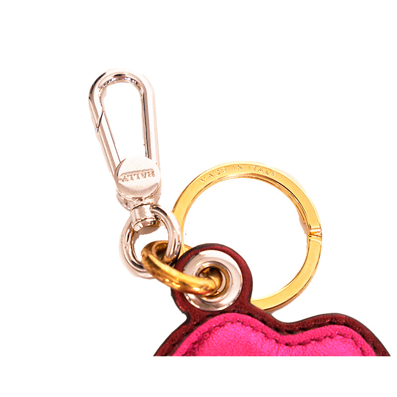 NEW $395 BALLY Pink Leather LIPS GOLD METAL BEE LOGO Bag Fob KEYRING Made ITALY