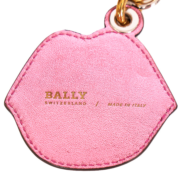 NEW $395 BALLY Pink Leather LIPS GOLD METAL BEE LOGO Bag Fob KEYRING Made ITALY