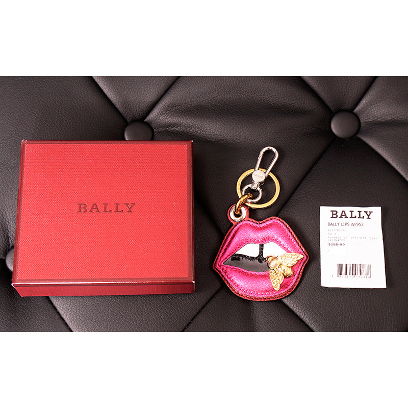 NEW $395 BALLY Pink Leather LIPS GOLD METAL BEE LOGO Bag Fob KEYRING Made ITALY